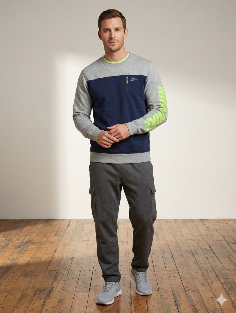 Nike Men's Grey and Black Crew Sweatshirt with Neon Green Accent Size Large